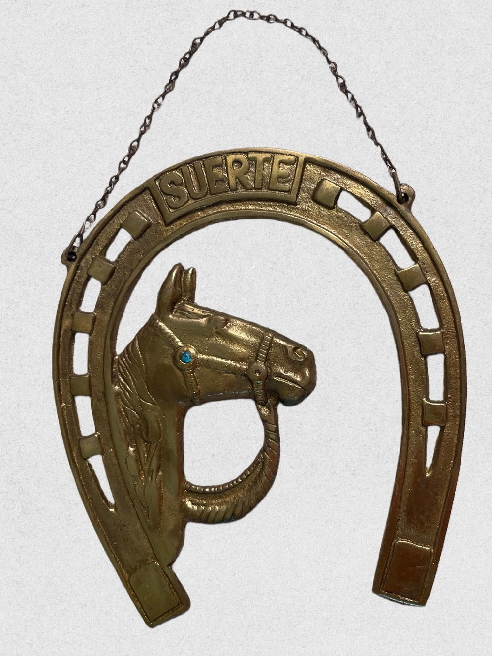 Vintage Brass Horseshoe Wall Hanging 'Suerte' with Horse Head